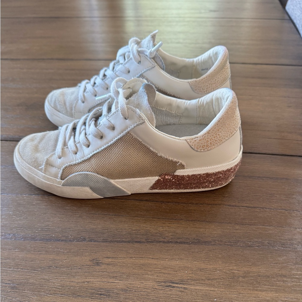 Dolce Vita cream, tan and gold glitter sneakers